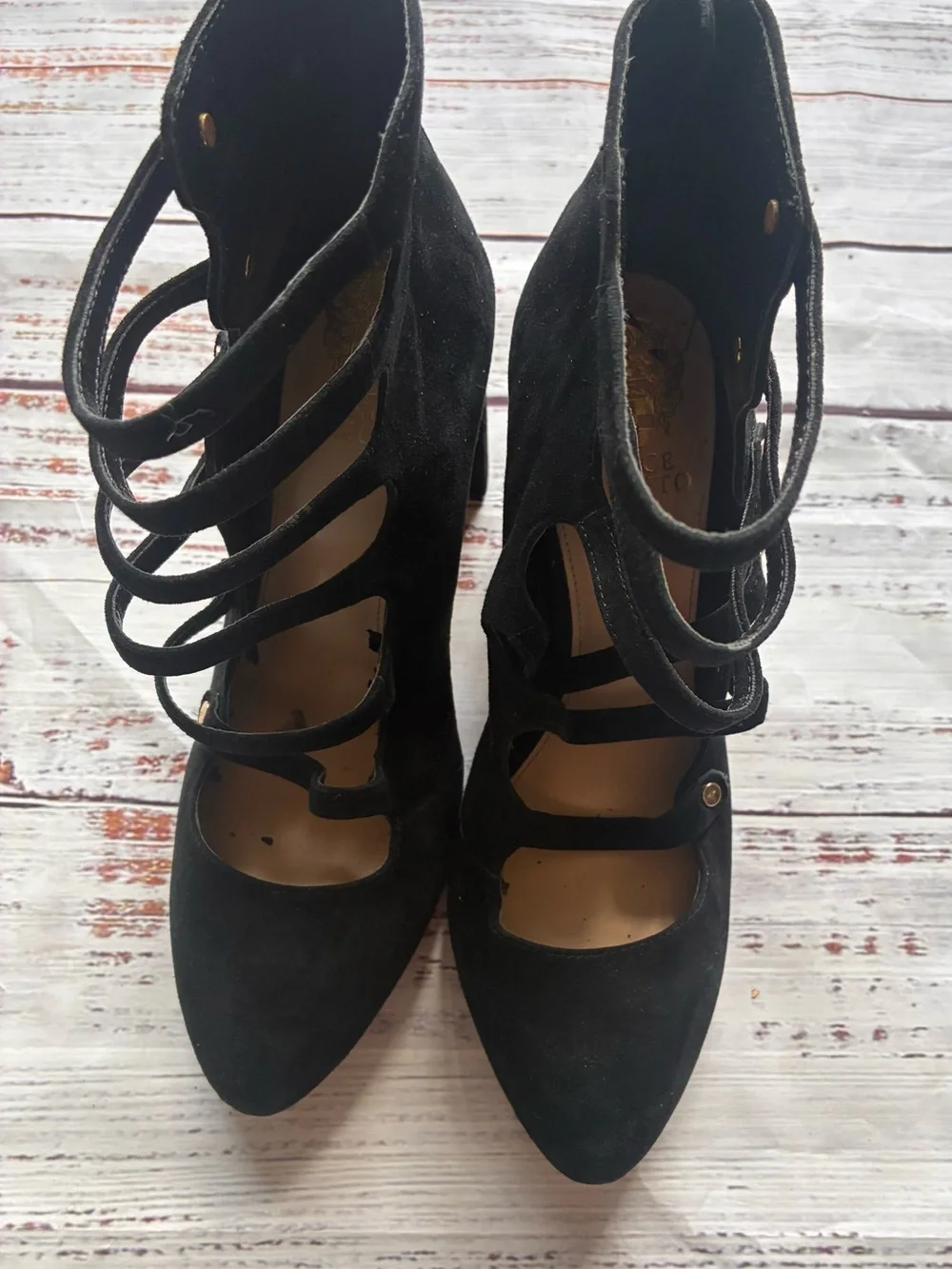Vince Camuto Women’s Black Strappy Suede Block Heel Pumps